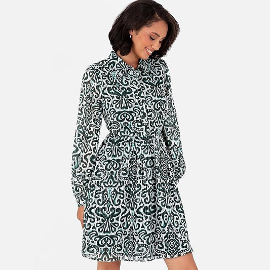 Women's Shirt Dress Ladies Mini Long Sleeve Point Collar Lurex Paisley Print Smock Shift Smart Casual Office Wear Party